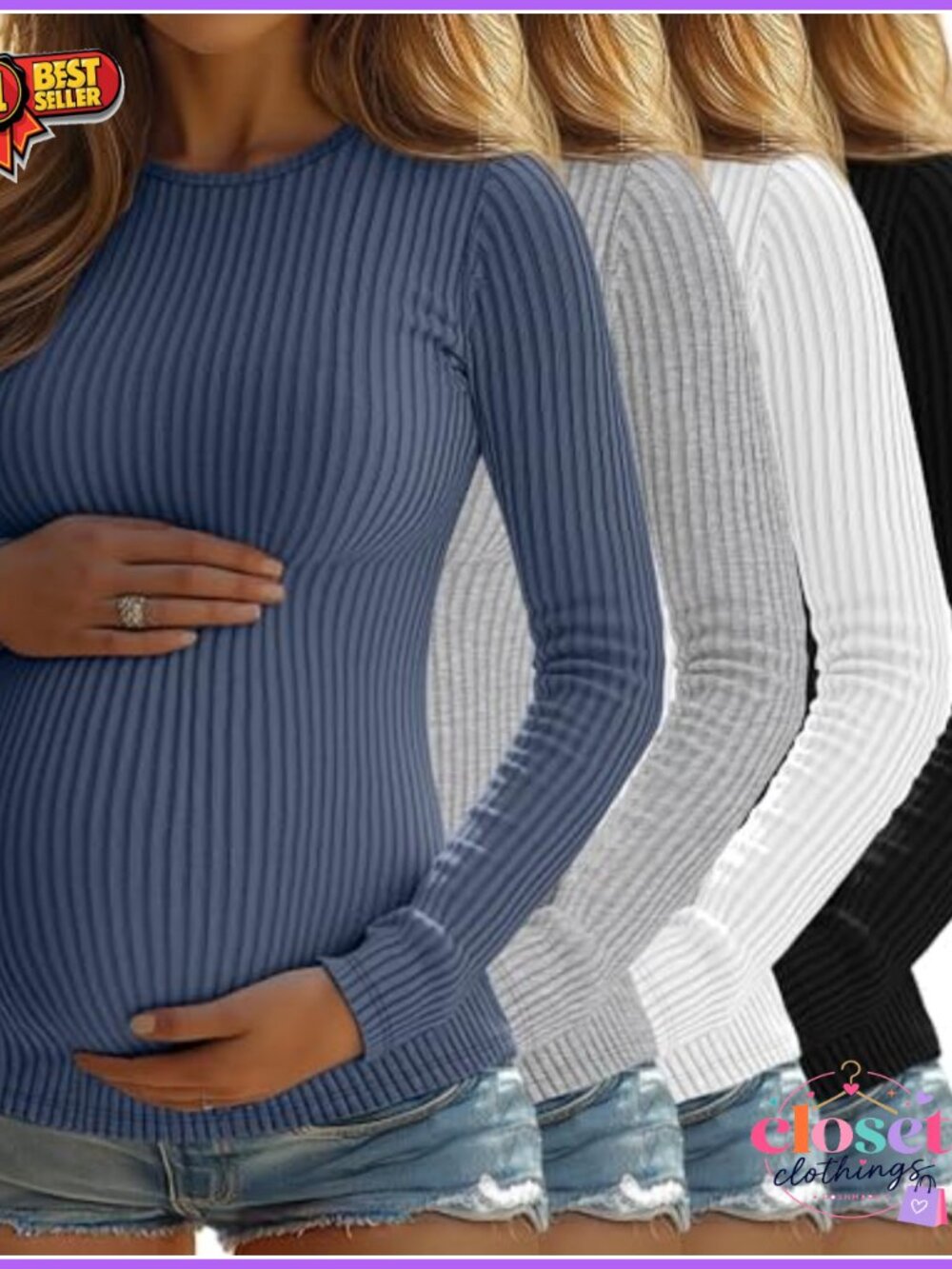 4 Pack Womens Ribbed Maternity Long Sleeve Slim Fit Tops Cotton Spandex